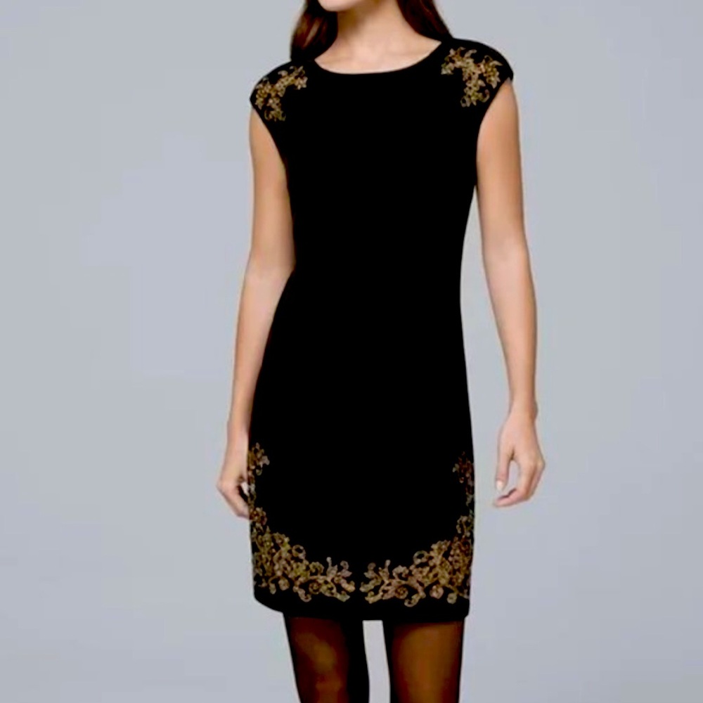 White House Black Market Black Dress With Gold Embroidery